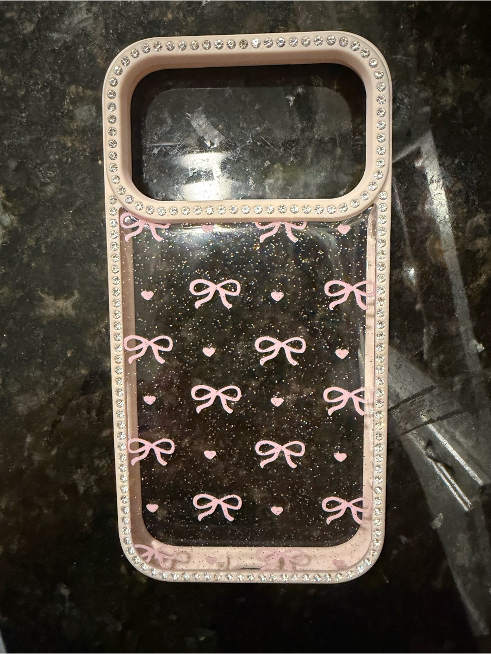 Clear Phone Case with Pink Bow Pattern and Rhinestone Edge iphone 17 promax